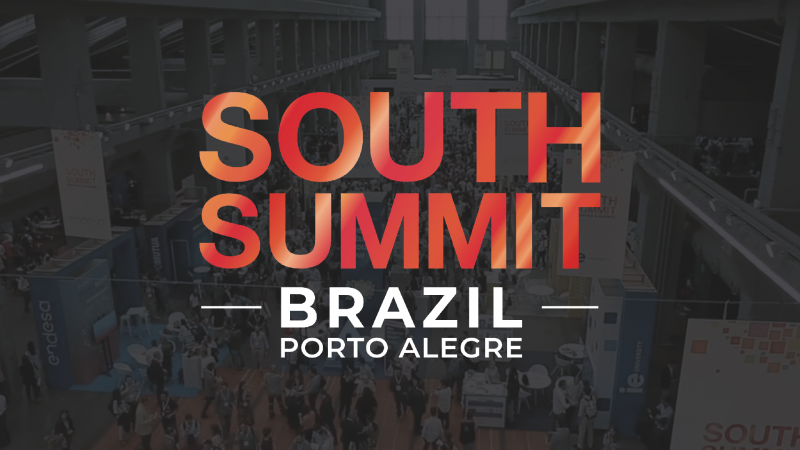 Ilustração em vermelho e cinza com as palavras South Summit Brasil, Porto Alegre