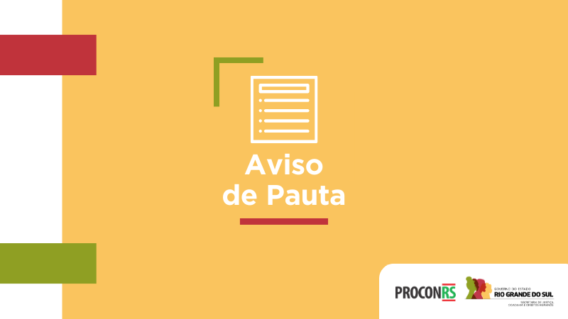 Arte de divulgação de aviso de pauta. Um retângulo amarelo com o seguinte texto: Aviso de pauta" acompanhado de um vetor de uma folha. No lado esquerdo existe uma borda na cor branca.